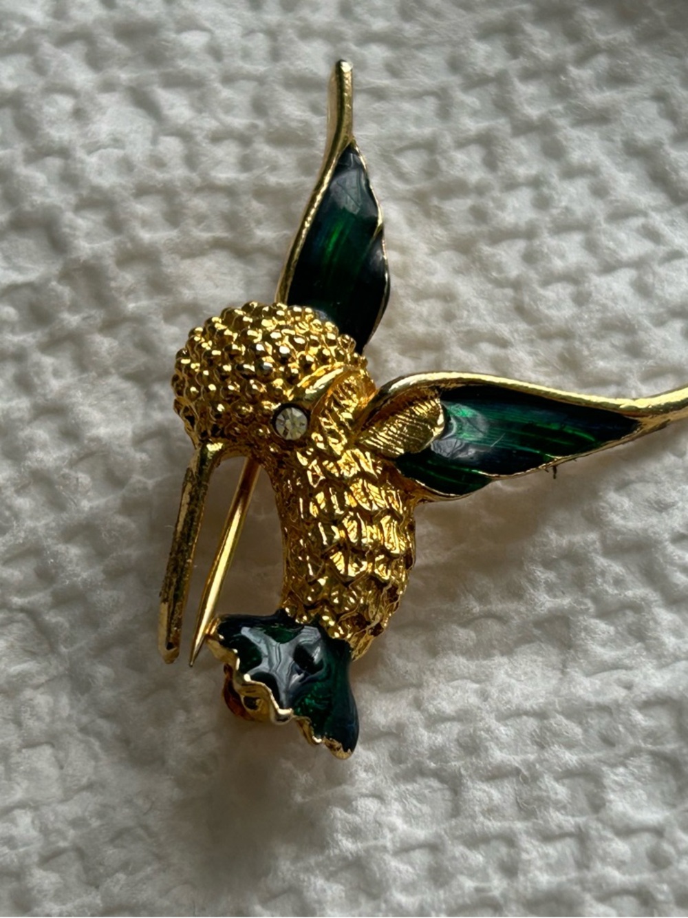 Vintage Gold and Dark Green Enamel Hummingbird Brooch - Women Jewelry